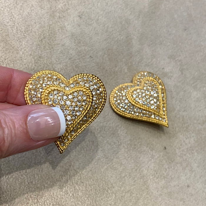Crystal double  heart vintage gold clip on earrings - The Hirst Collection