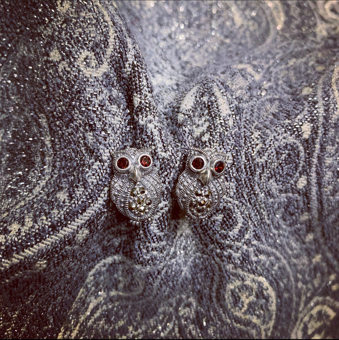 Silver Marcasite Garnet Owl Studs Earrings