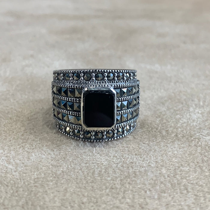 Black Onyx Art Deco sparkly squares Ring - The Hirst Collection