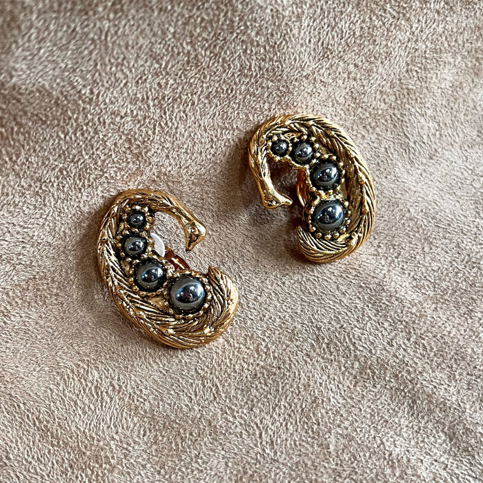 Gold, hematite glass Statement Clip On Bird Earrings by Abbey Road Unsigned