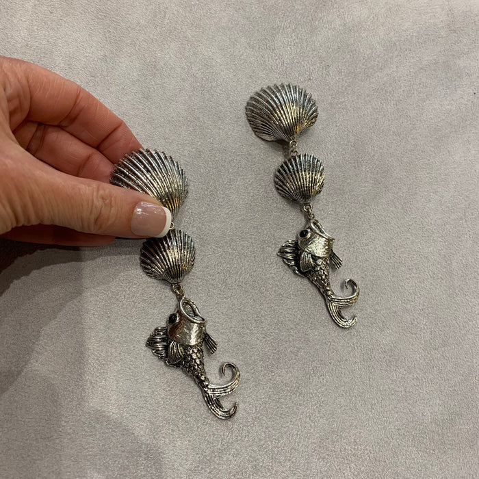Large Statement silver fish shell earrings - The Hirst Collection