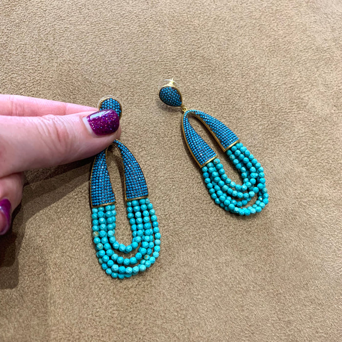 waterfall tuquoise beads turquoise crystal pave earrings - The Hirst Collection