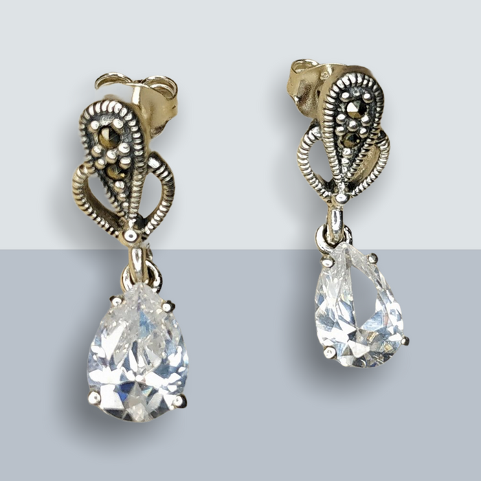 Clear Crystal Earrings Teardrop Silver Marcasite - The Hirst Collection