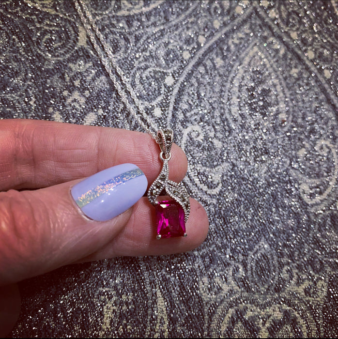 Art Deco Ruby Crystal  Marcasite oblong asymmetrical  Silver Pendant