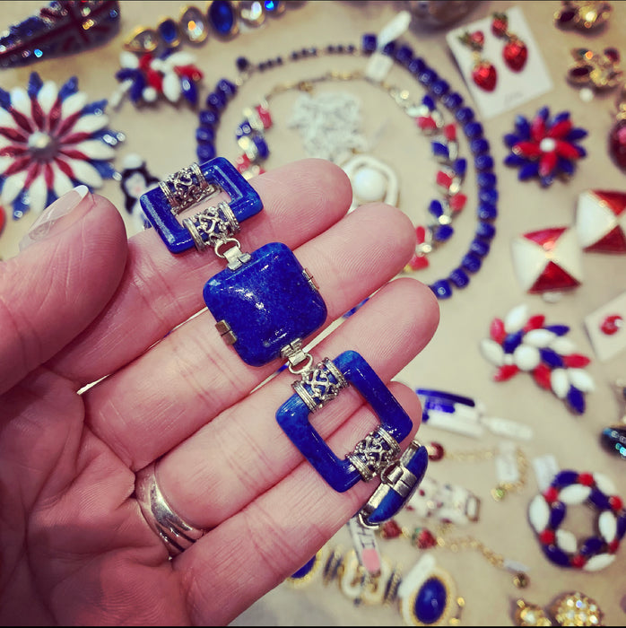 Art Deco Bracelet Lapis Blue Czech Glass - The Hirst Collection