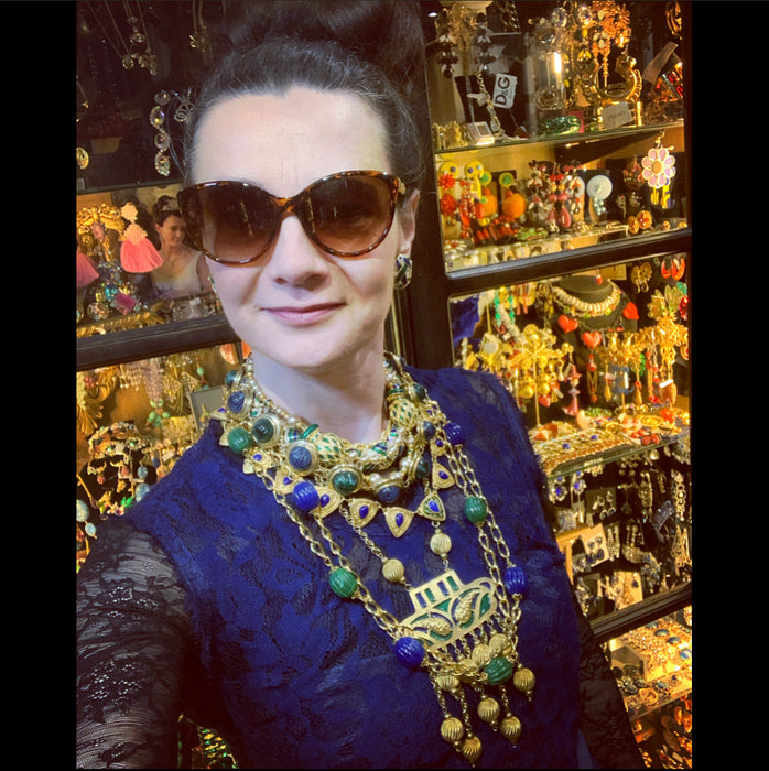 David Grau Vintage statement Blue Green Cabochon necklace