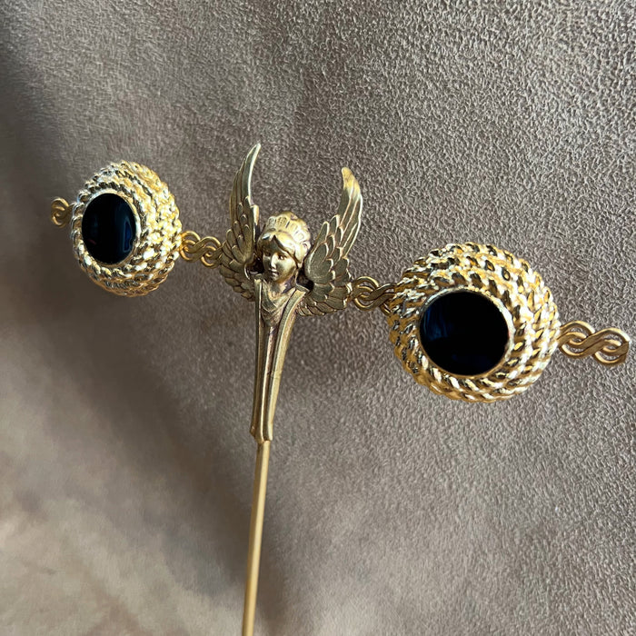 Vintage Black Gold Round Clip On Earrings