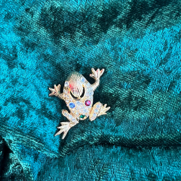 Vintage Frog Brooch Gold Crystal Stones
