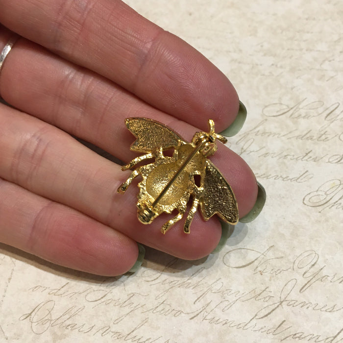 Vintage Bee Brooch Black White Enamel