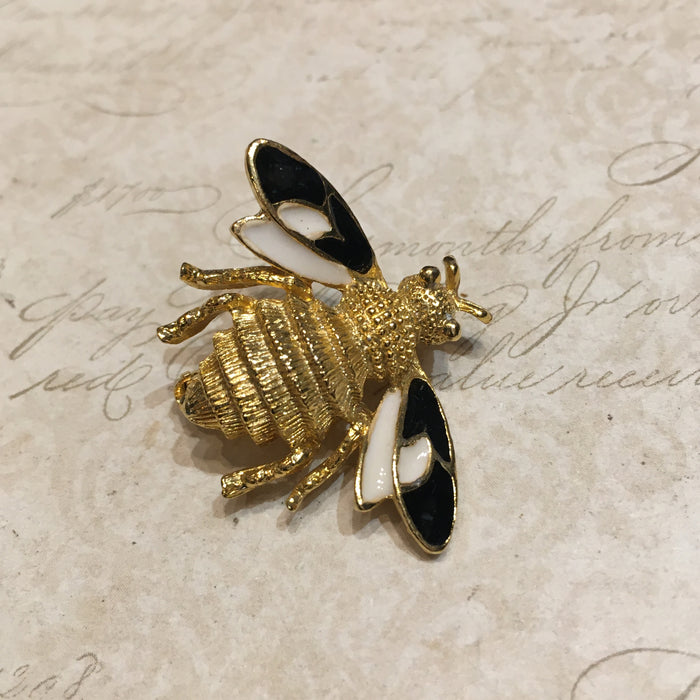 Vintage Bee Brooch Black White Enamel