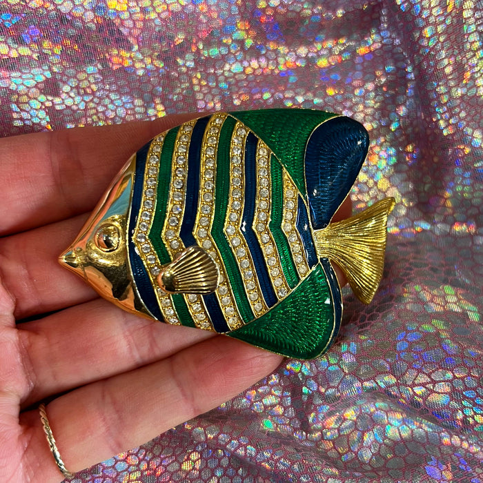 Kenneth Jay Lane Large Vintage Fish Brooch in Green Blue Enamel