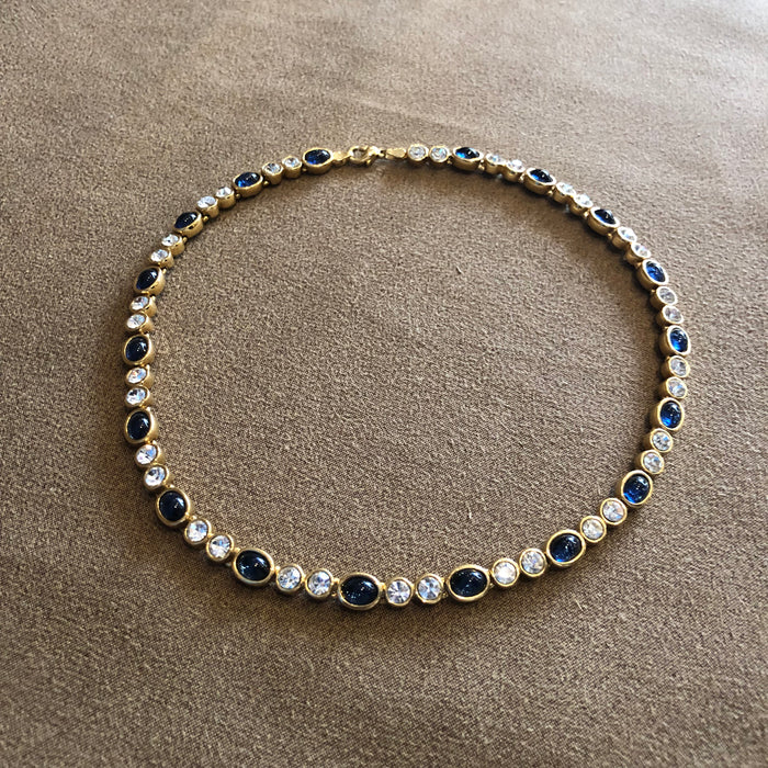 Sapphire blue clear crystal oval tennis necklace Vintage