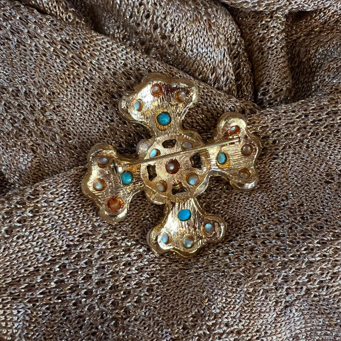 Statement Gold, Pearl and Turquoise Maltese Cross Brooch Vintage Unsigned