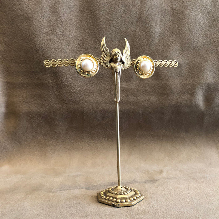 Vintage Gold Round Pearl Earrings Clip On