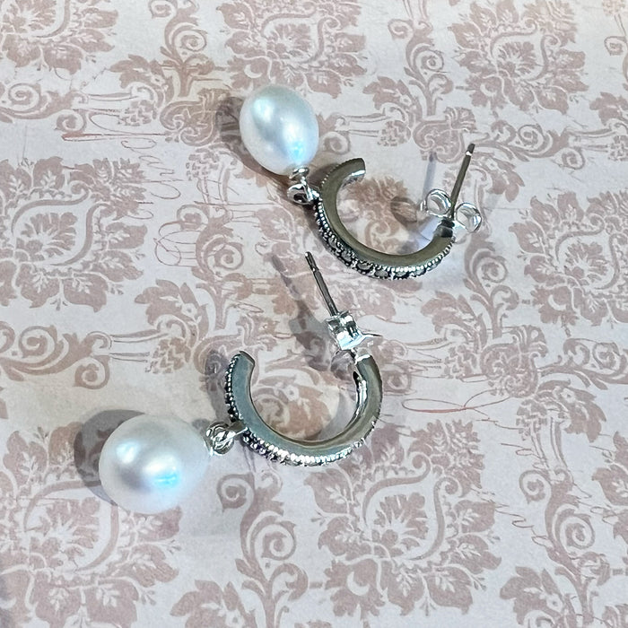 Art Deco Hoop Earrings Freshwater Pearl Vintage Bride Wedding Silver Marcasite