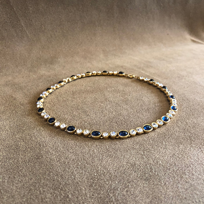 Sapphire blue clear crystal oval tennis necklace Vintage