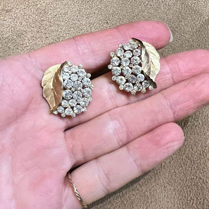 Trifari Vintage Crystal Gold  Leafy Clip On Earrings