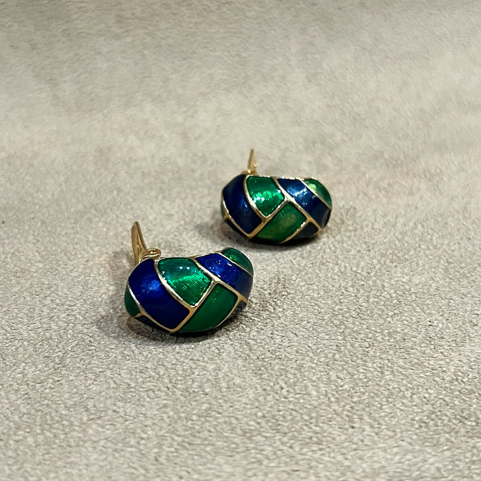 Vintage Blue and Green Enamel Clip On Half Hoop Earrings Gold Plated