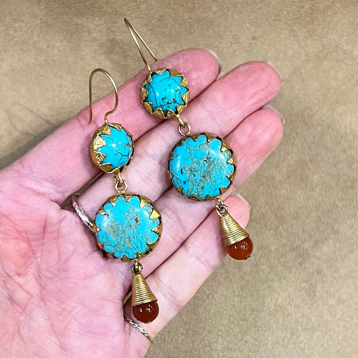 Etruscan style turquoise and carnelian gold drop earrings
