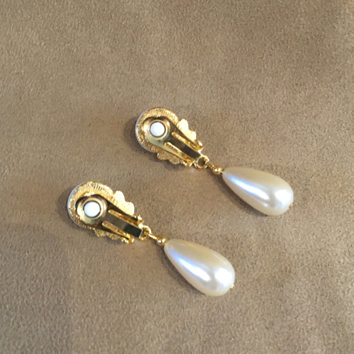 Vintage Gold and Pearl Clip on Drop Chandelier Earrings