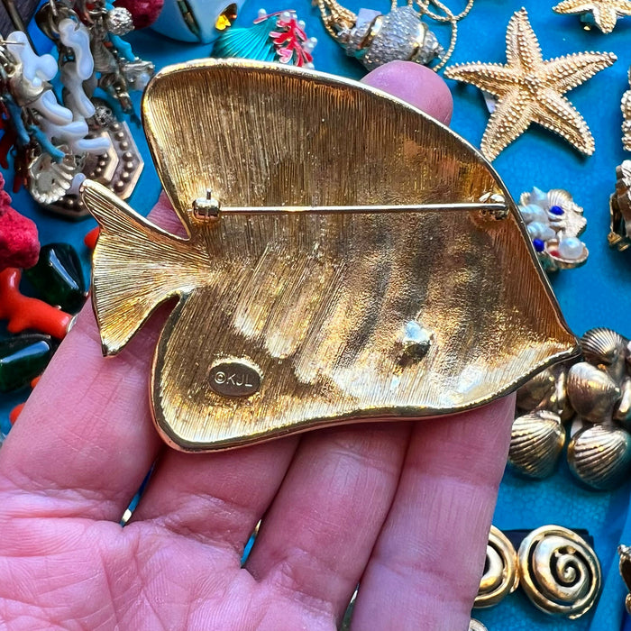 Kenneth Jay Lane Large Vintage Fish Brooch in Green Blue Enamel