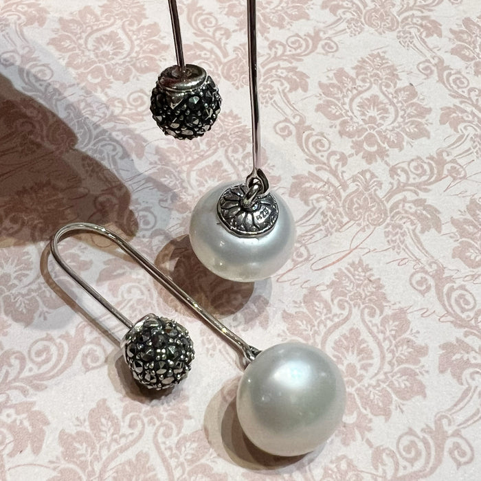 Freshwater Pearl Silver Marcasite Hoop Drop Earrings