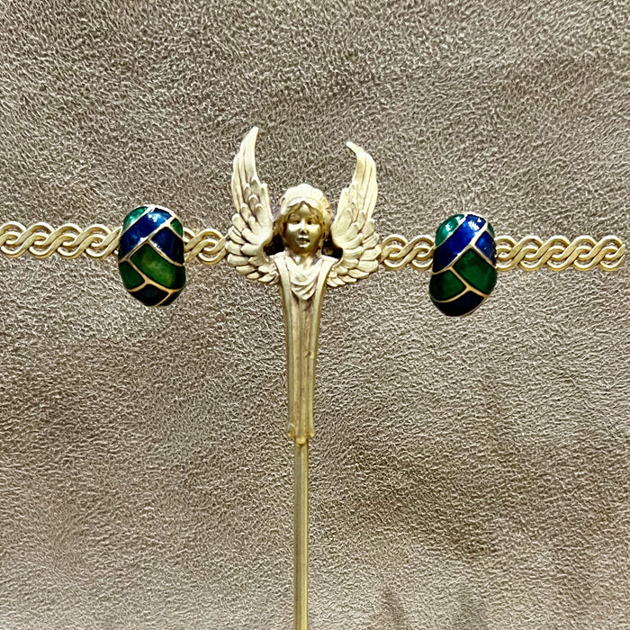 Vintage Blue and Green Enamel Clip On Half Hoop Earrings Gold Plated