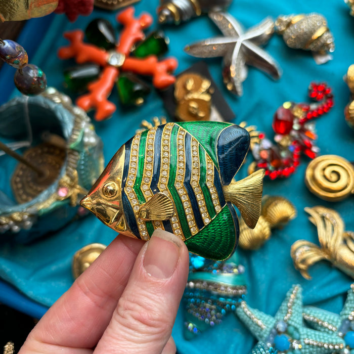 Kenneth Jay Lane Large Vintage Fish Brooch in Green Blue Enamel