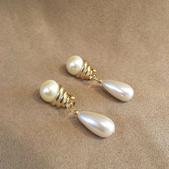 Vintage Gold and Pearl Clip on Drop Chandelier Earrings