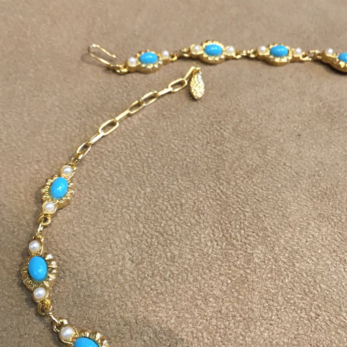 Vintage Turquoise and Seed Pearl Gold Plated Necklace