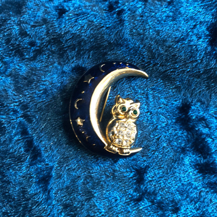Vintage owl in the moon  blue enamel brooch