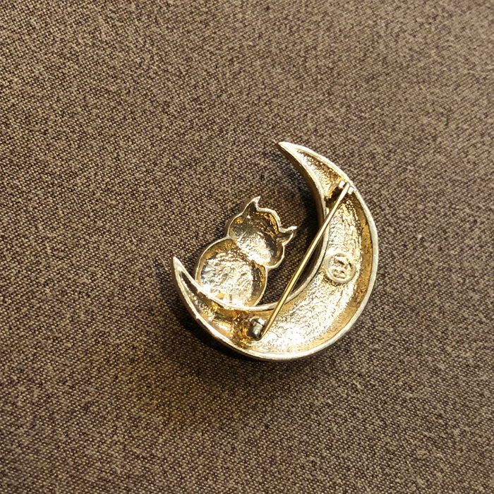 Vintage owl in the moon  blue enamel brooch
