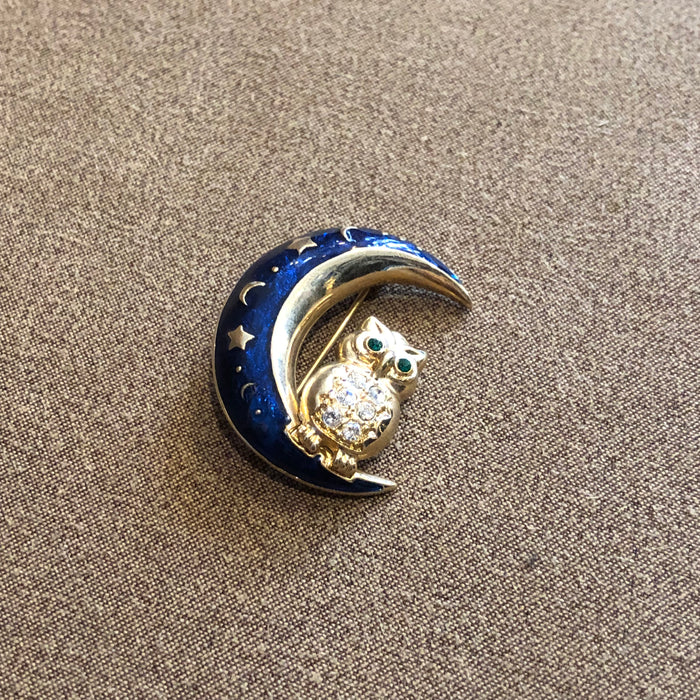 Vintage owl in the moon  blue enamel brooch