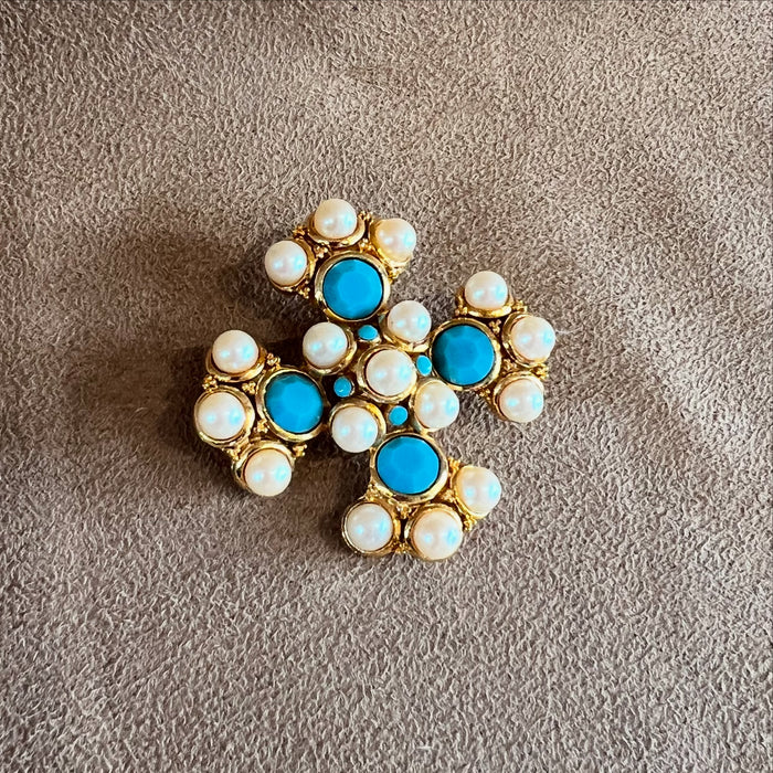 Statement Gold, Pearl and Turquoise Maltese Cross Brooch Vintage Unsigned