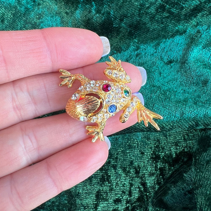 Vintage Frog Brooch Gold Crystal Stones