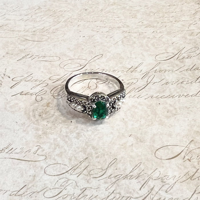 Art Deco Ring Silver Emerald Green Cubic Zirconia Marcasite