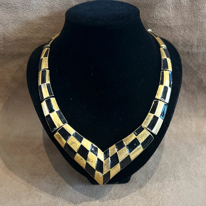 Kunio Matsumoto for Trifari Vintage Necklace and Earring Set Black Enamel Gold Plated