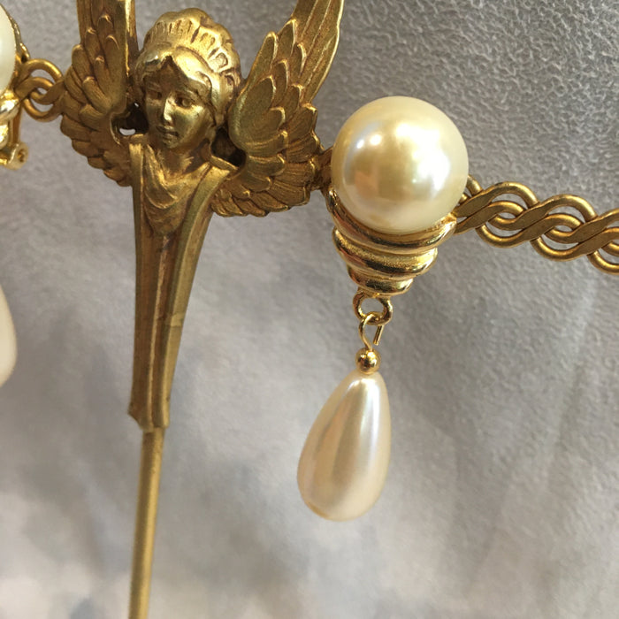 Vintage Gold and Pearl Clip on Drop Chandelier Earrings