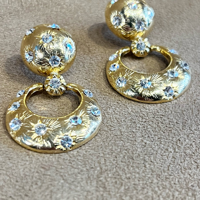 Vintage Gold Door Knocker Earrings Pierced Crystal Stones
