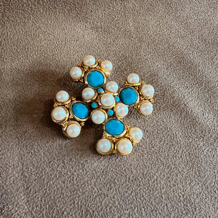 Statement Gold, Pearl and Turquoise Maltese Cross Brooch Vintage Unsigned