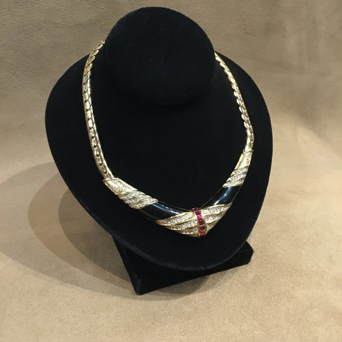 Grossé Vintage Necklace Red and White Crystal Black Enamel Gold