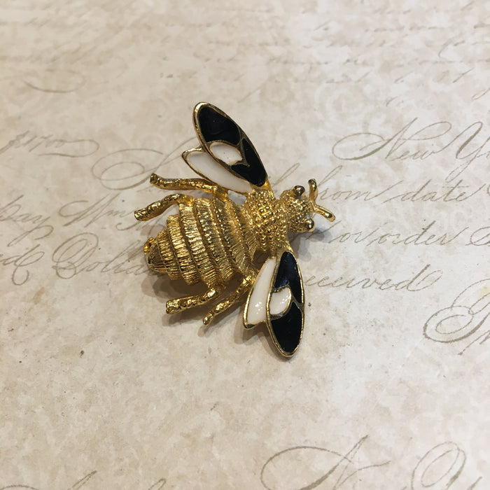 Vintage Bee Brooch Black White Enamel