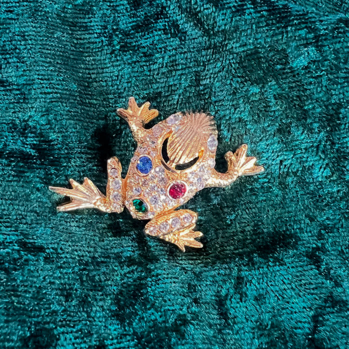 Vintage Frog Brooch Gold Crystal Stones