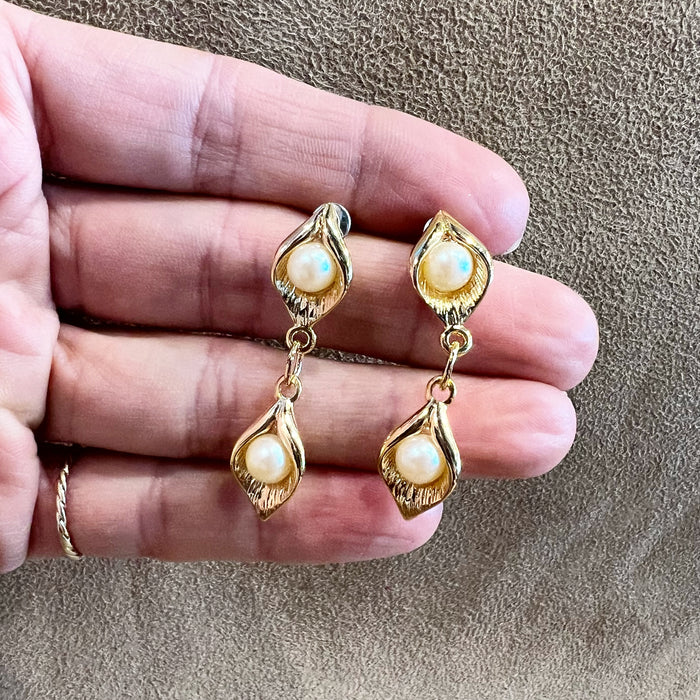 Vintage Gold Plated and Pearl Drop Earrings Pierced