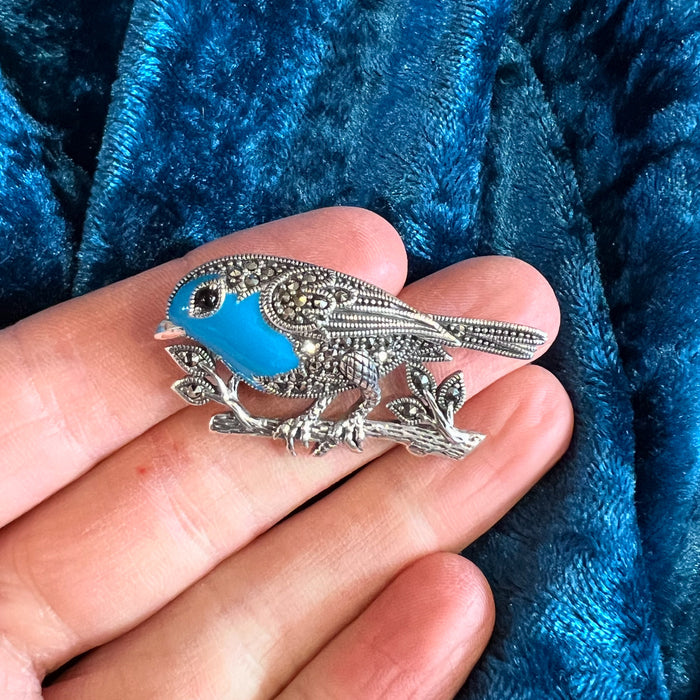 Bluebird Brooch Silver Marcasite Turquoise
