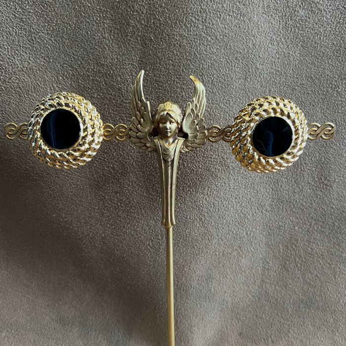 Vintage Black Gold Round Clip On Earrings