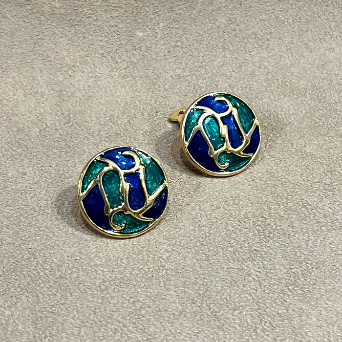 Vintage Blue and Green Enamel Clip On Earrings