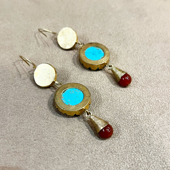 Etruscan style turquoise and carnelian gold drop earrings