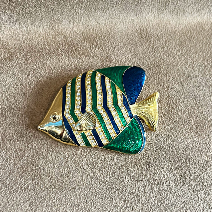 Kenneth Jay Lane Large Vintage Fish Brooch in Green Blue Enamel