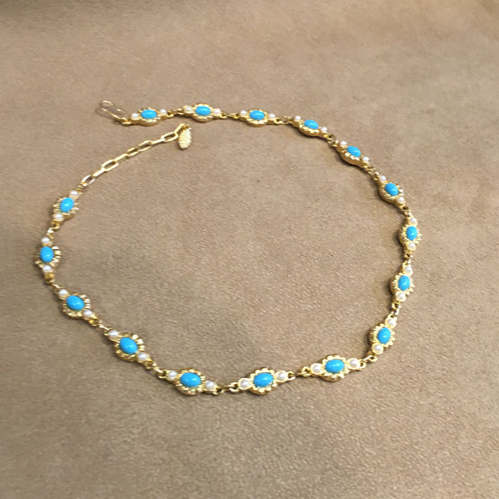 Vintage Turquoise and Seed Pearl Gold Plated Necklace